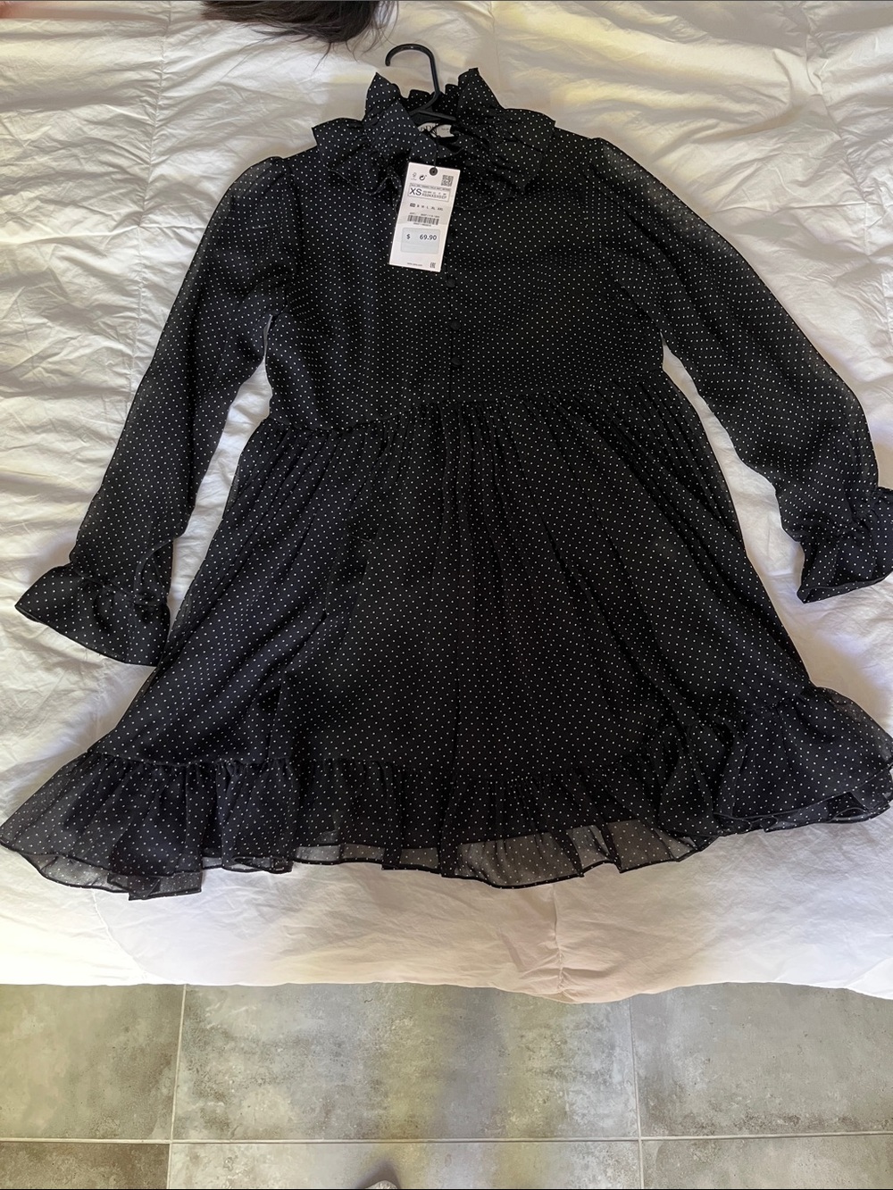 Zara Black Sheer Polka Dot Ruffle Collar Long Sleeve Dress NWT